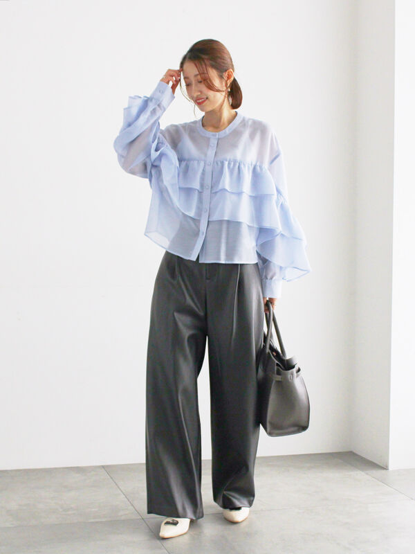 セール】 シアーフリルティアードブラウス（ピンク/サックスブルー