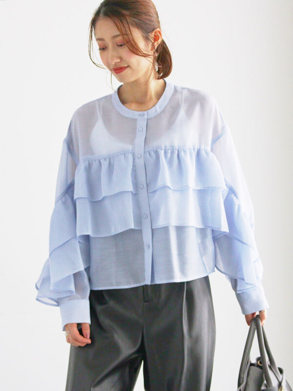 セール】 シアーフリルティアードブラウス（ピンク/サックスブルー