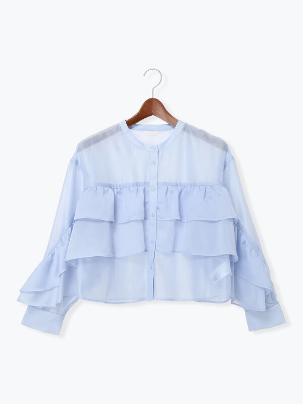 セール】 シアーフリルティアードブラウス（ピンク/サックスブルー