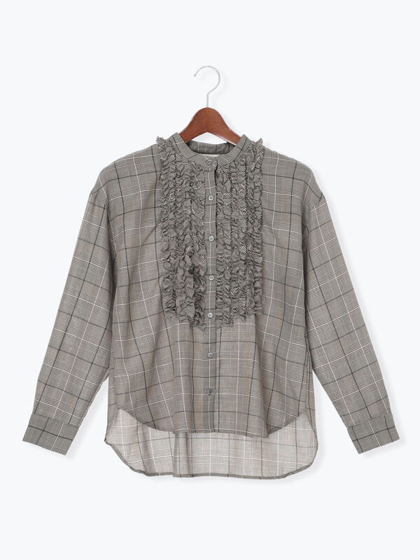 セール】 チェックフリルブラウス（ブラック/ネイビー/トップス/シャツ