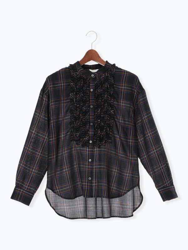 セール】 チェックフリルブラウス（ブラック/ネイビー/トップス/シャツ