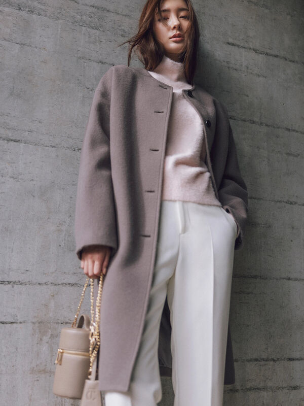 【宮本茉由着用】ウールメルトンノーカラーロングコート《2025winter catalog item》（ベージュ/モカ/ネイビー）｜Te chichi（テチチ）通販