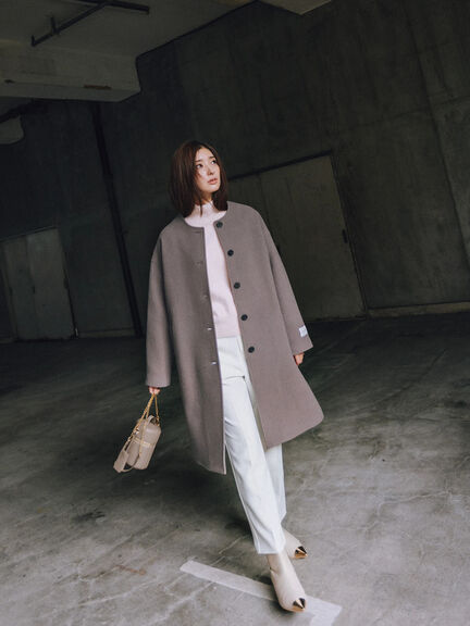 【宮本茉由着用】ウールメルトンノーカラーロングコート《2025winter catalog item》（ベージュ/モカ/ネイビー）｜Te chichi（テチチ）通販