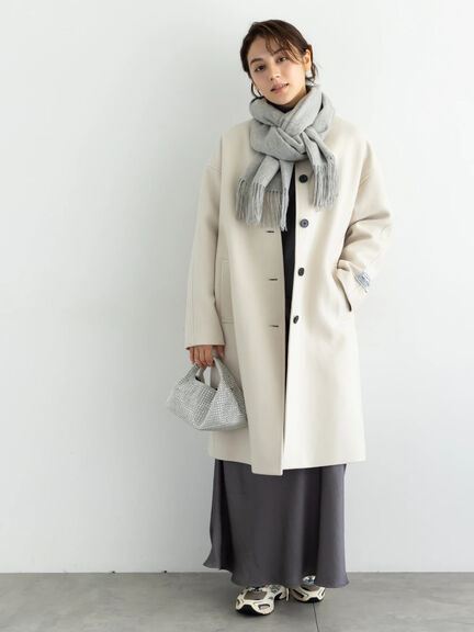 【宮本茉由着用】ウールメルトンノーカラーロングコート《2025winter catalog item》（ベージュ/モカ/ネイビー）｜Te chichi（テチチ）通販