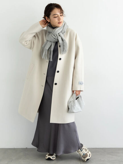 【宮本茉由着用】ウールメルトンノーカラーロングコート《2025winter catalog item》（ベージュ/モカ/ネイビー）｜Te chichi（テチチ）通販
