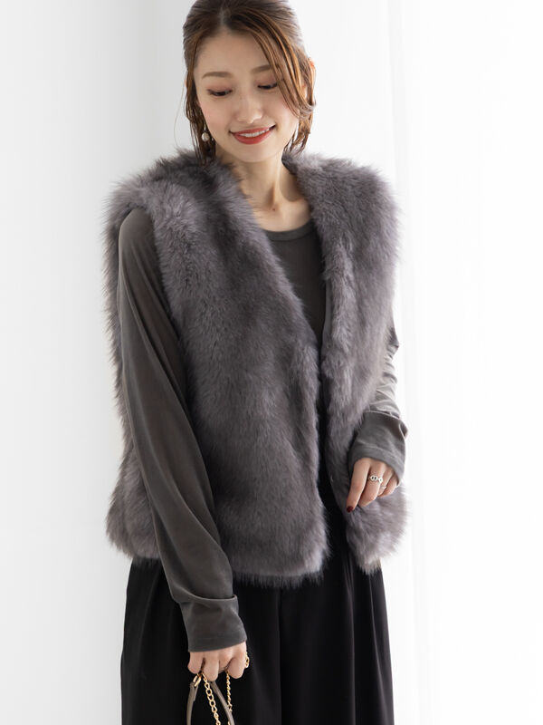 tovho　ファーベスト ショートファーベスト（グレー/ベージュ/アウター/ベスト）| Te