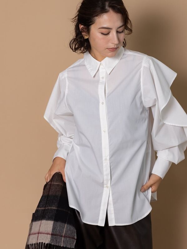 セール】 ラッフルスリーブシャツ（ホワイト/グレー/ブルー/トップス