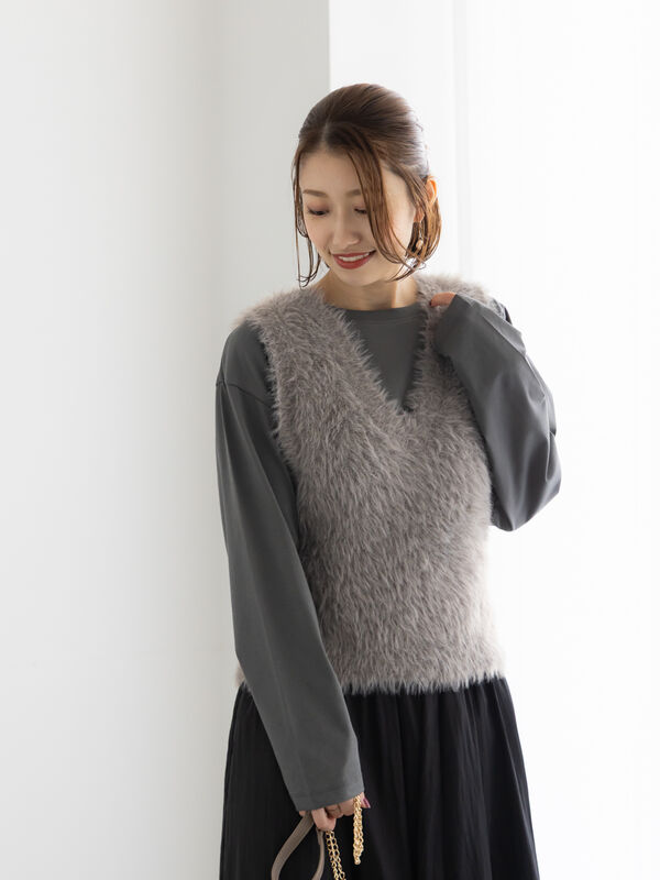 セール】 シャギーヤーンVネックベスト（グレー/ブラック/モカ