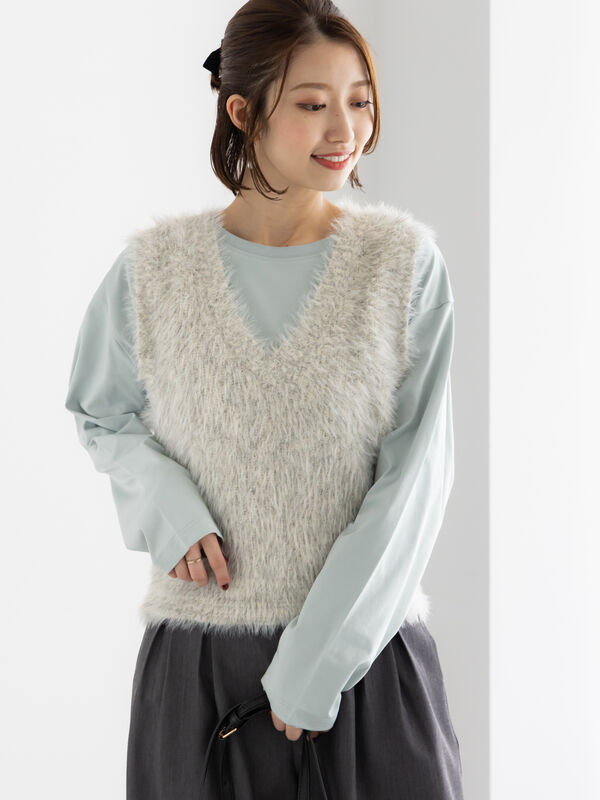 セール】 シャギーヤーンVネックベスト（グレー/ブラック/モカ