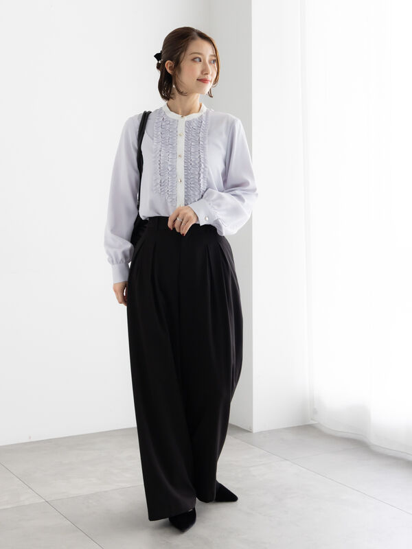 セール】 フロントフリルバイカラーブラウス（グレー/チャコールグレー