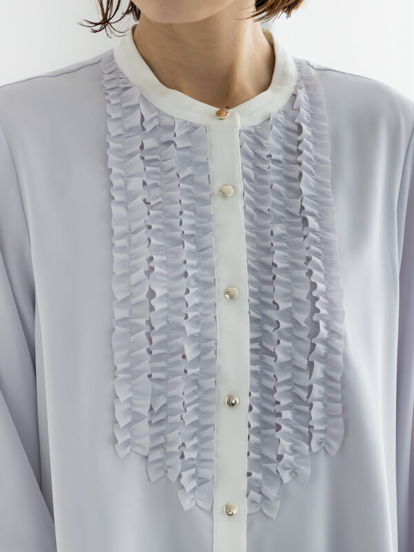 セール】 フロントフリルバイカラーブラウス（グレー/チャコールグレー