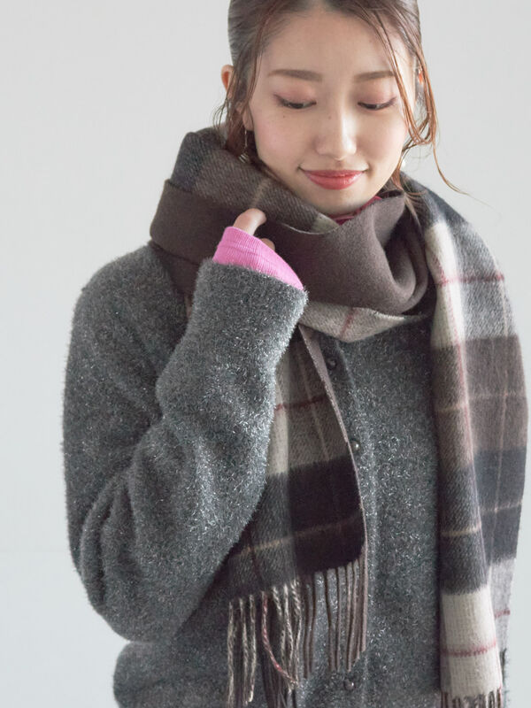 カシミア混リバーシブルチェックマフラー（レッド/ベージュ/ブラウン