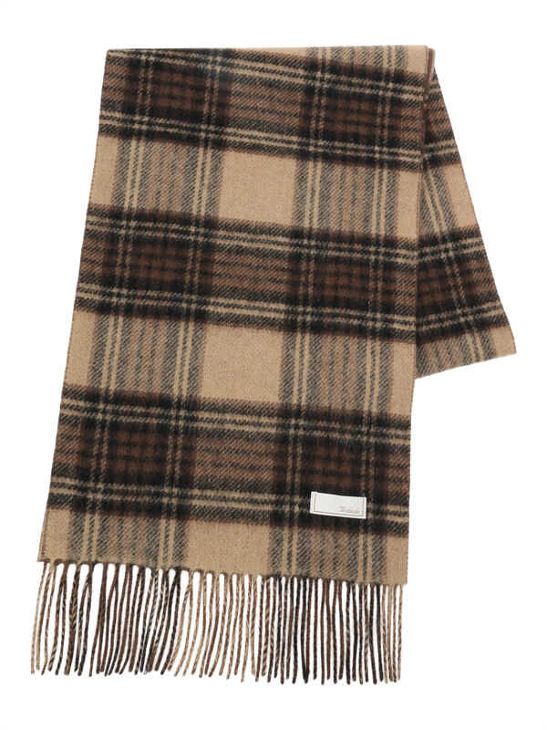 カシミア混リバーシブルチェックマフラー（レッド/ベージュ/ブラウン