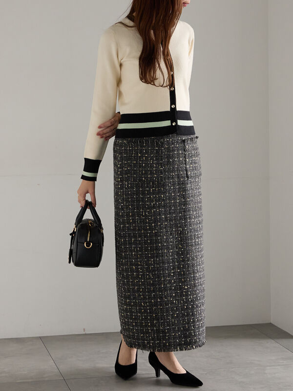 バイカラークラシカルカーディガン（オフホワイト/ブラック/ブラウン