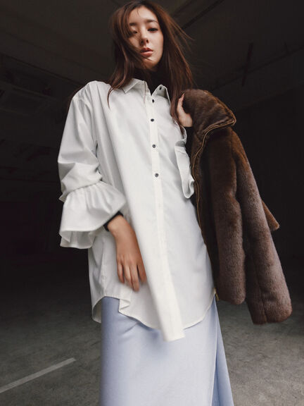 セール】 【宮本茉由着用】ピンタックフレアカフスシャツ（オフ