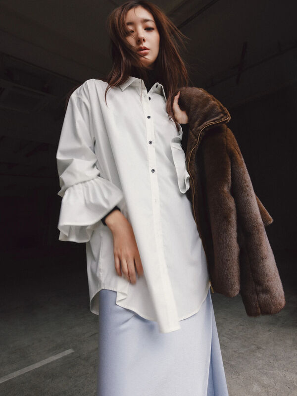 セール】 【宮本茉由着用】ピンタックフレアカフスシャツ（オフ