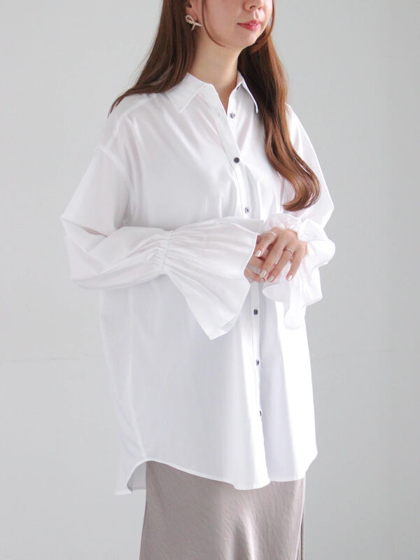 セール】 【宮本茉由着用】ピンタックフレアカフスシャツ（オフ