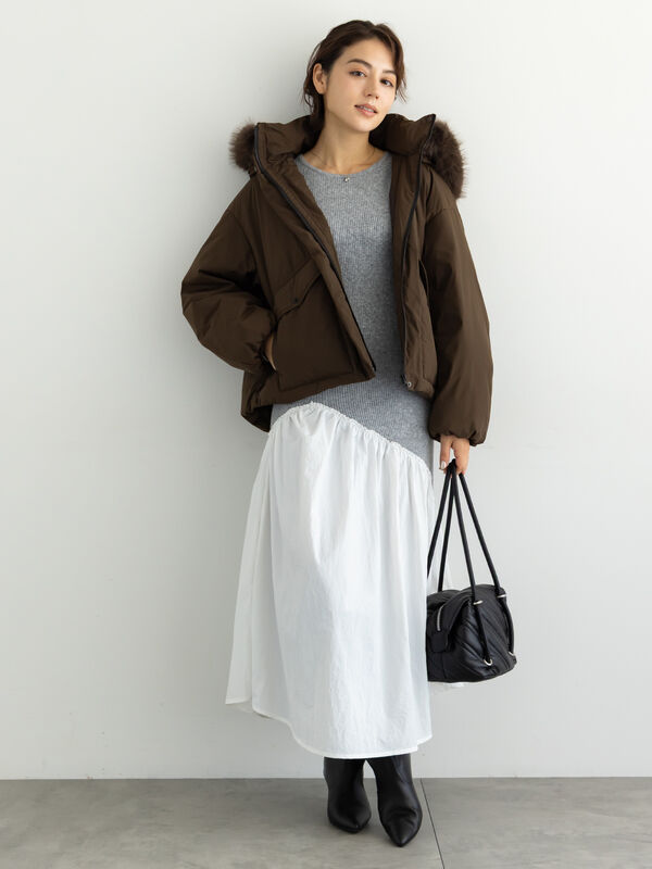 セール】 【宮本茉由着用】リブニットドッキングアシメワンピース