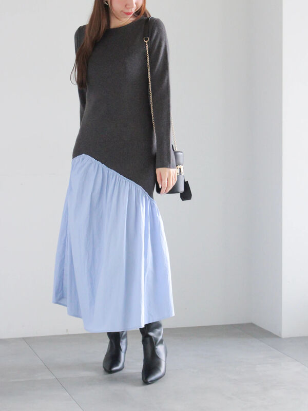 セール】 【宮本茉由着用】リブニットドッキングアシメワンピース