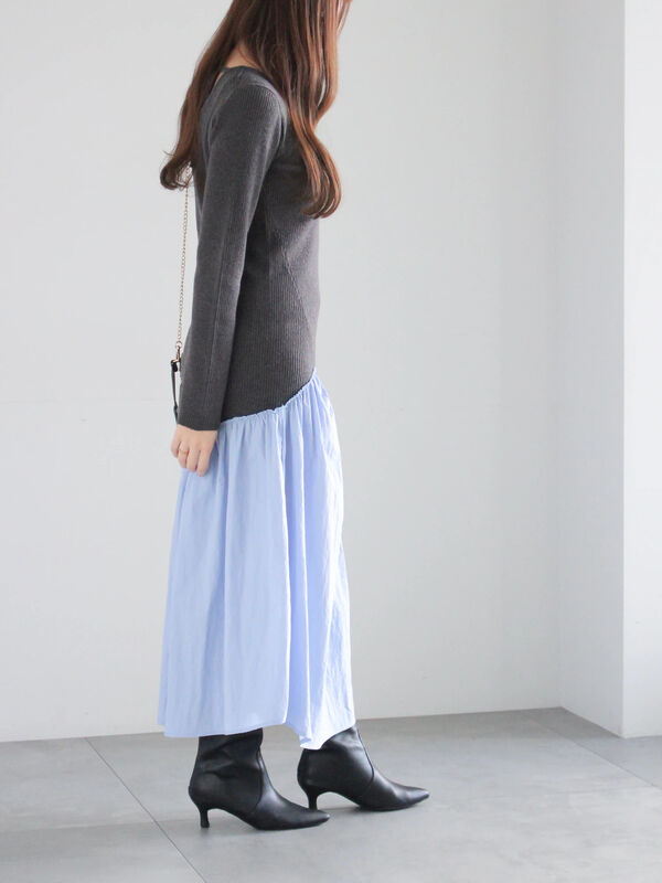 セール】 【宮本茉由着用】リブニットドッキングアシメワンピース