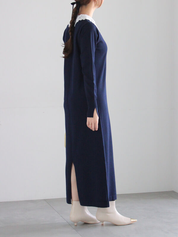 正規品♡ロゴ裏毛ワンピース♡チャコールグレー レース衿ニットワンピース（チャコールグレー/ネイビー/ワンピース