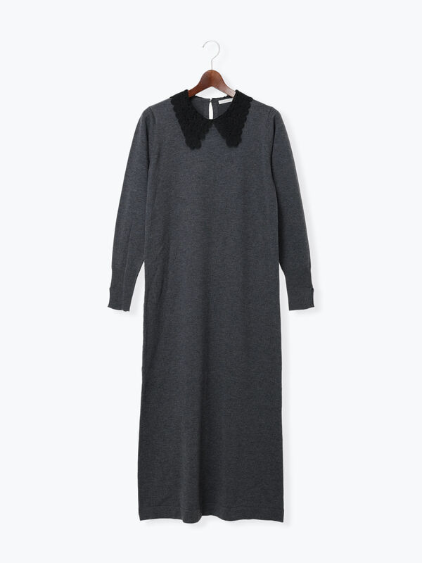セール】 レース衿ニットワンピース（チャコールグレー/ネイビー