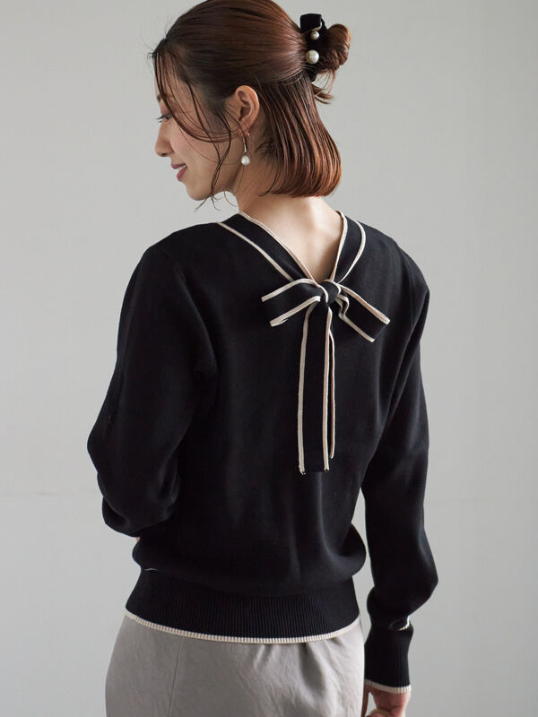 セール】 前後2WAYボウタイニットプルオーバー（オフホワイト/ブラック