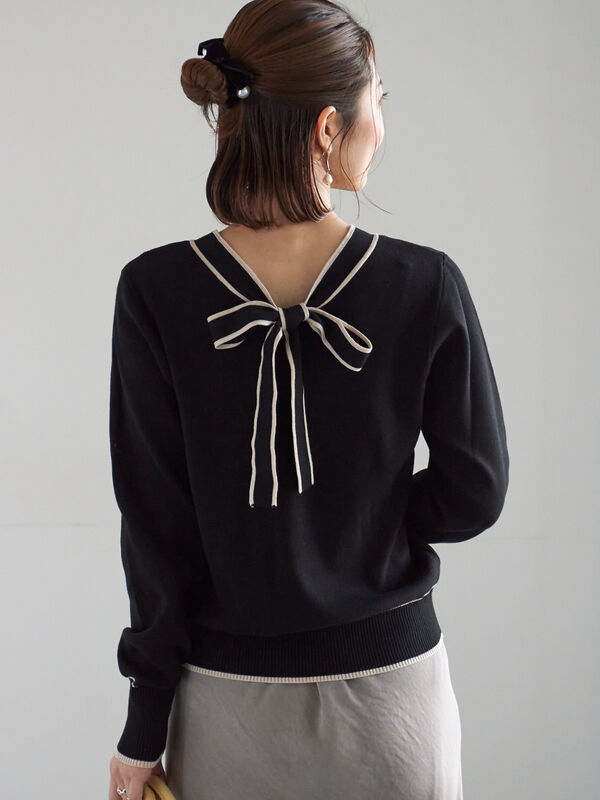 セール】 前後2WAYボウタイニットプルオーバー（オフホワイト/ブラック