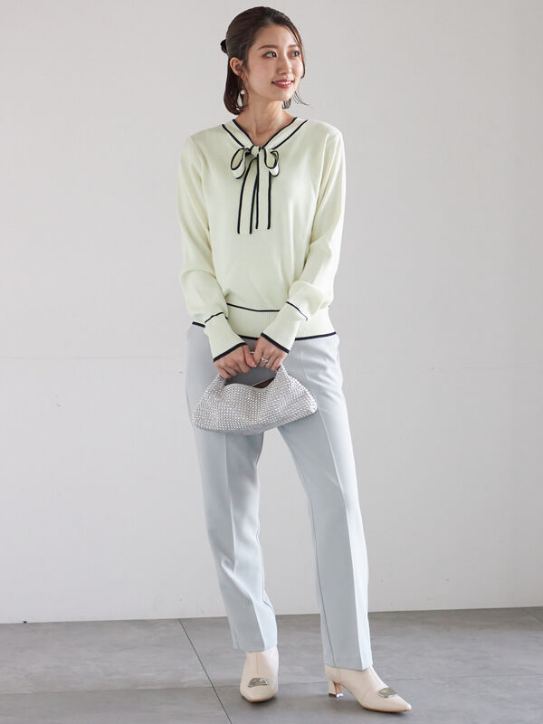 セール】 前後2WAYボウタイニットプルオーバー（オフホワイト/ブラック