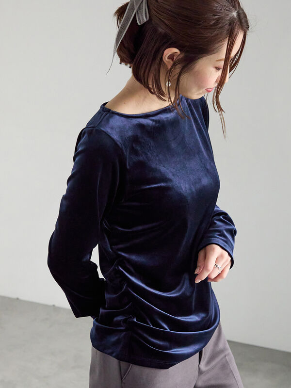 セール】 ベロアサイドギャザートップス（オフホワイト