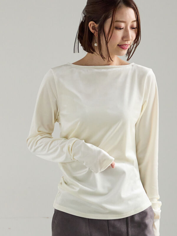 ベロアサイドギャザートップス（オフホワイト/チャコールグレー