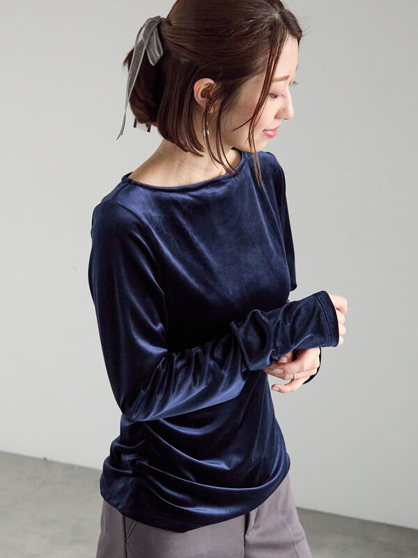 ベロアサイドギャザートップス（オフホワイト/チャコールグレー