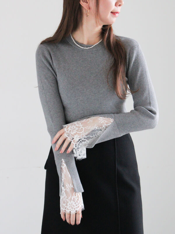 gasa*ガサ　アンティークレース付きニット レースカフスレイヤードニット（オフホワイト/グレー/チャコールグレー