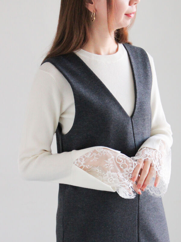 セール】 レースカフスレイヤードニット（オフホワイト/グレー