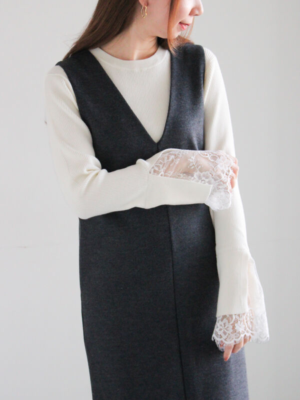 セール】 レースカフスレイヤードニット（オフホワイト/グレー