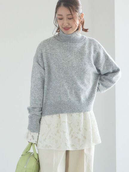 【宮本茉由着用】カットジャガードチュニックブラウス（オフホワイト/サックスブルー）｜Te chichi（テチチ）通販