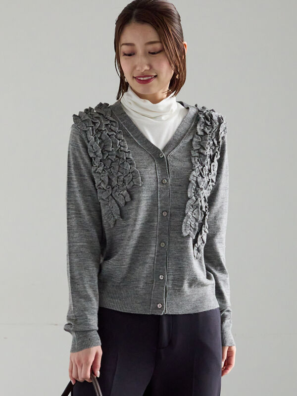 セール】 フリルVネックカーディガン（オフホワイト/グレー/ブラック  