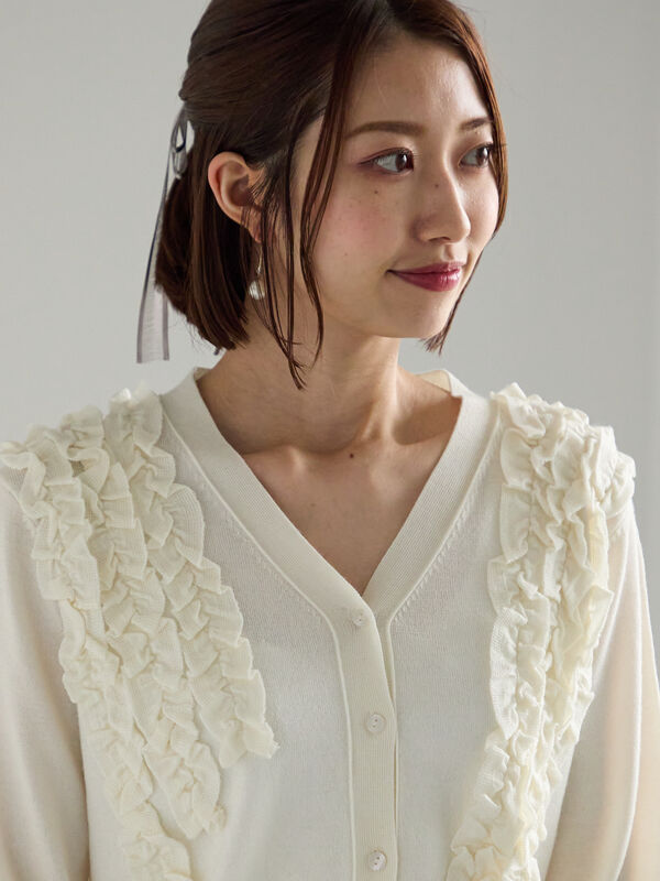 セール】 フリルVネックカーディガン（オフホワイト/グレー/ブラック