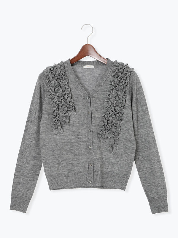 セール】 フリルVネックカーディガン（オフホワイト/グレー/ブラック