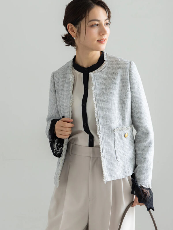 セレモニーアイテム】ツイードノーカラージャケット（グレー/アウター
