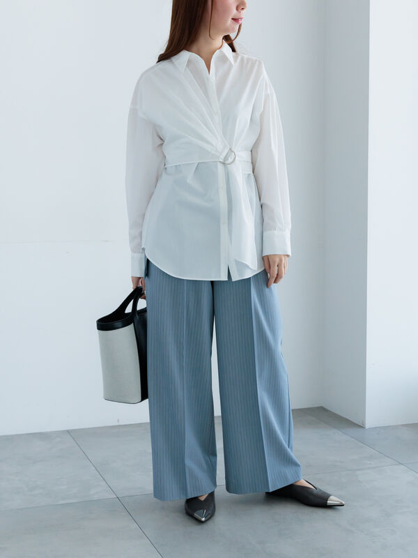 ピンストライプタックワイドパンツ（ベージュ/ブルー/ボトムス/パンツ