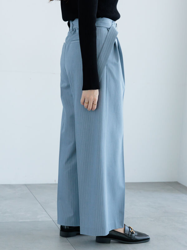濃茶 ピンストライプタックワイドパンツ（ベージュ/ブルー/ボトムス/パンツ