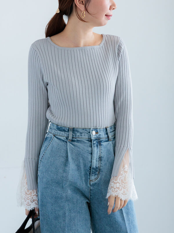 セール】 レースカフスリブニット（ミント/ボーダー/Sグレー/トップス