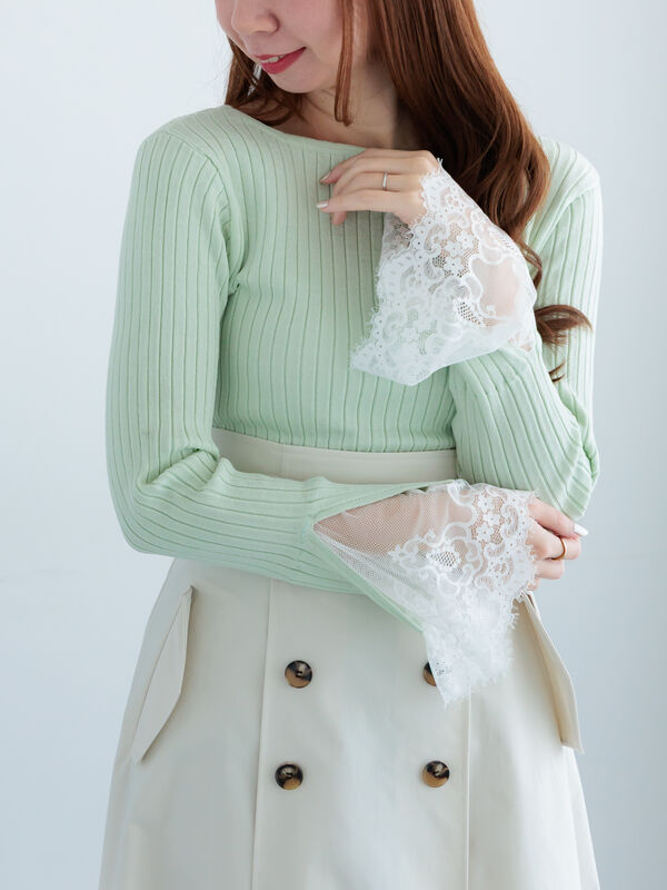 セール】 レースカフスリブニット（ミント/ボーダー/Sグレー/トップス