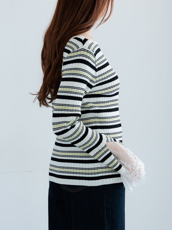 セール】 レースカフスリブニット（ミント/ボーダー/Sグレー/トップス