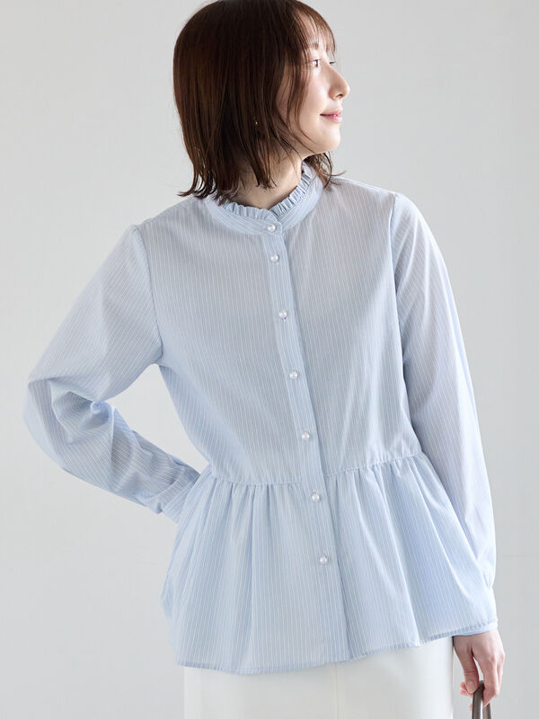 セール】 パール釦スタンドフリルペプラムブラウス（オフホワイト