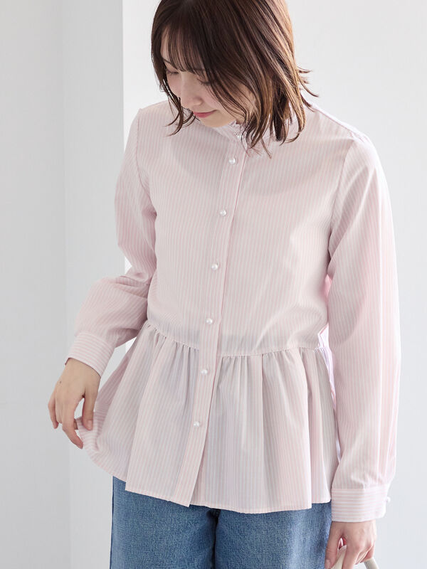 パール釦スタンドフリルペプラムブラウス（オフホワイト/グレー/ピンク