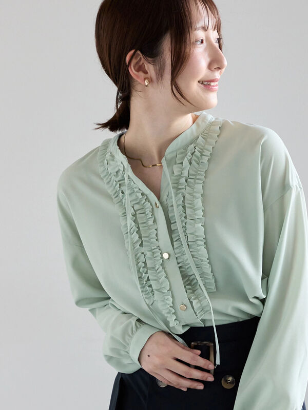 セール】 フロントフリルキーネックブラウス（オフホワイト/グレー
