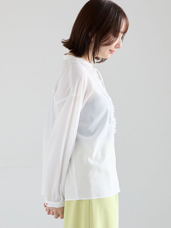 セール】 フロントフリルキーネックブラウス（オフホワイト/グレー