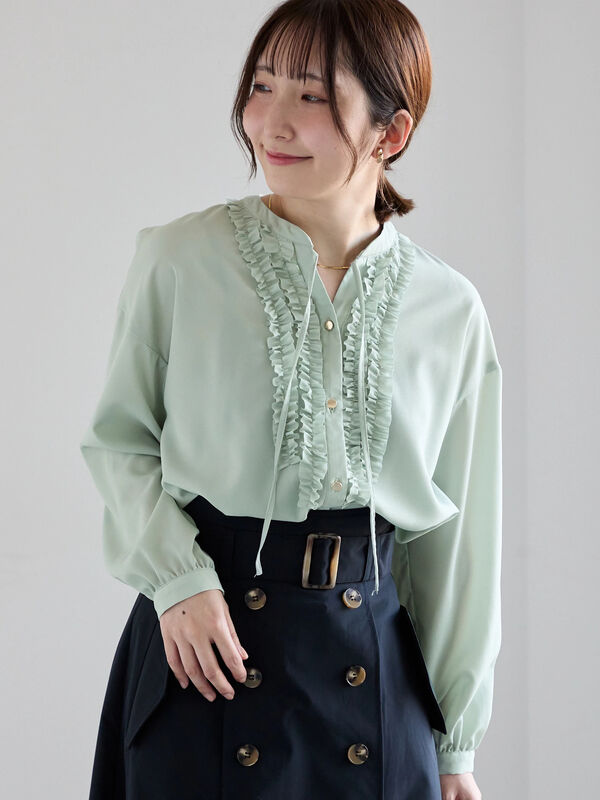 セール】 フロントフリルキーネックブラウス（オフホワイト/グレー